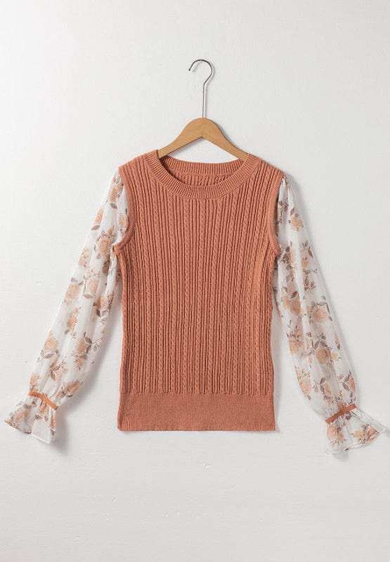 Cable Knit Round Neck Flounce Sleeve Sweater - Trendsi - Flyclothing LLC
