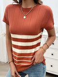 Striped Round Neck Short Sleeve Knit Top - Trendsi - Flyclothing LLC