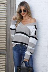 Color Block V-Neck Dropped Shoulder Sweater - Trendsi - Flyclothing LLC