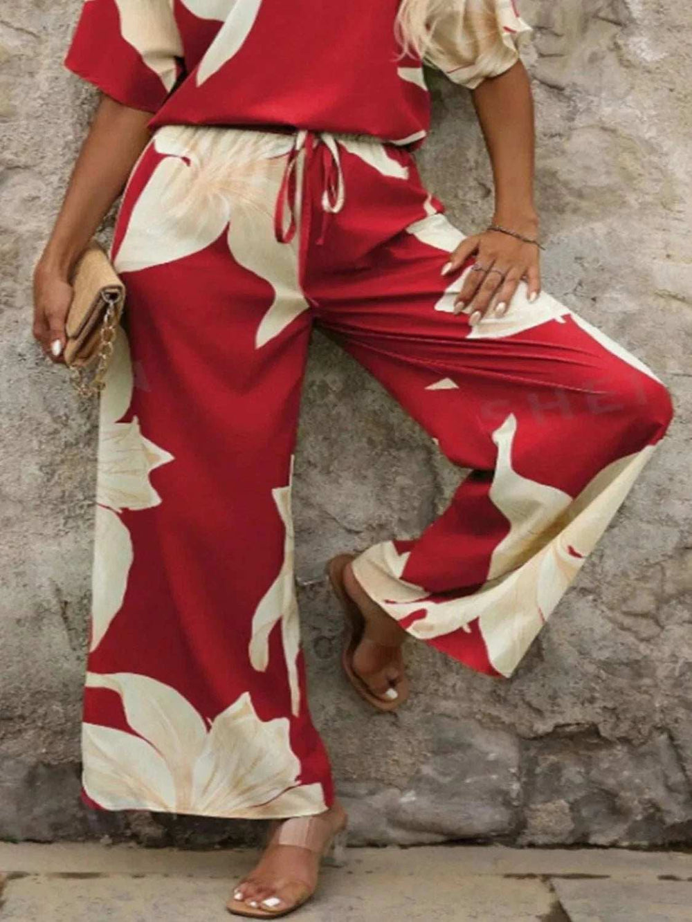 Printed V-Neck Top and Wide Leg Pants Set - Trendsi - Flyclothing LLC