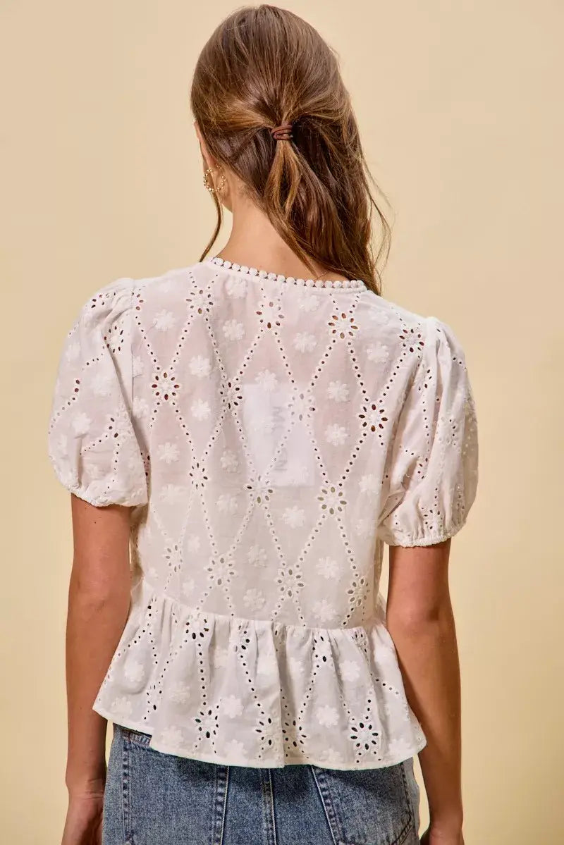 SO ME Cotton Eyelet Front Tie Short Sleeves Blouse - Trendsi - Flyclothing LLC