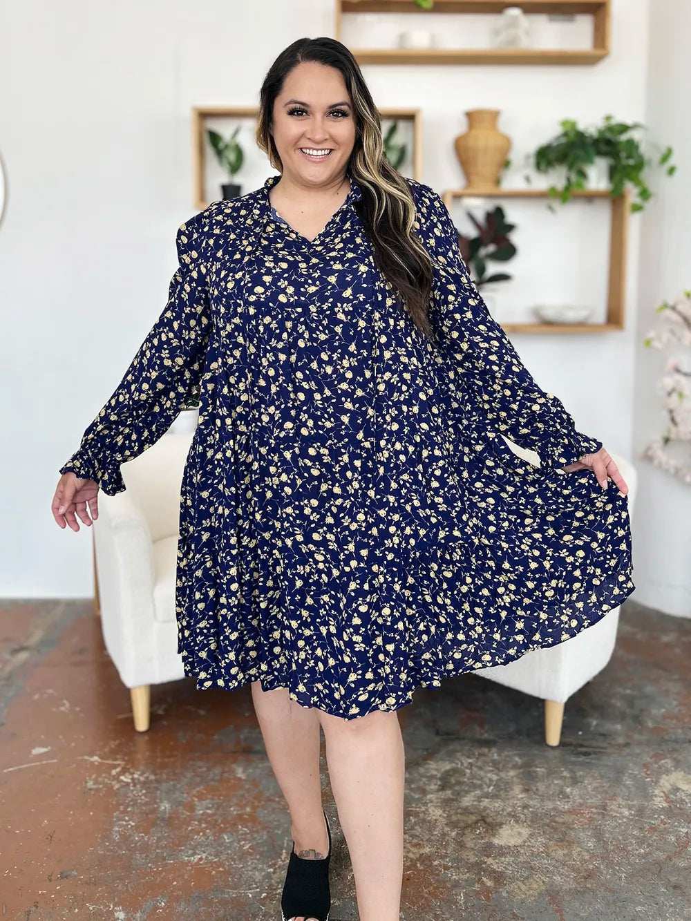 Double Take Full Size Printed Ruffle Hem Long Sleeve Tiered Dress - Trendsi - Flyclothing LLC