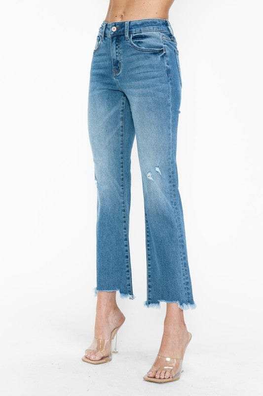 bytos Raw Hem Distressed Mid Rise Crop Jeans - Trendsi - Flyclothing LLC