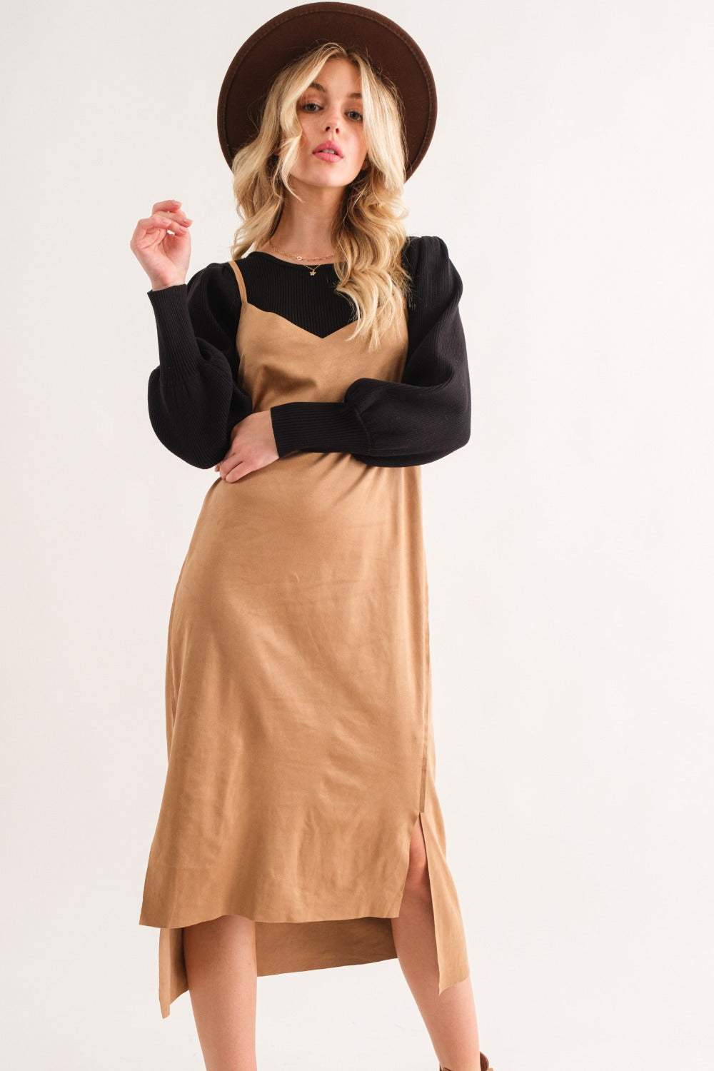 And The Why Faux Suede Cut Edge Slit Cami Midi Dress - Trendsi - Flyclothing LLC