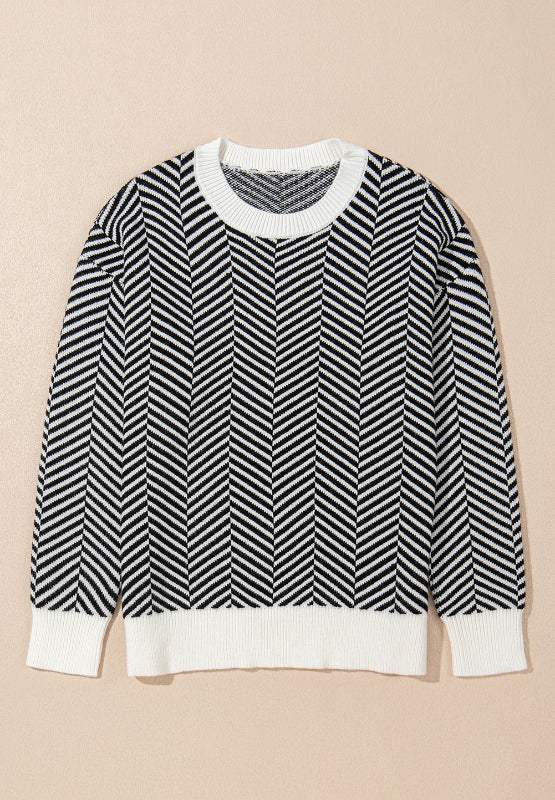 Striped Round Neck Long Sleeve Sweater - Trendsi - Flyclothing LLC