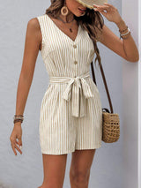 Perfee Striped V-Neck Tie Waist Romper - Trendsi - Flyclothing LLC
