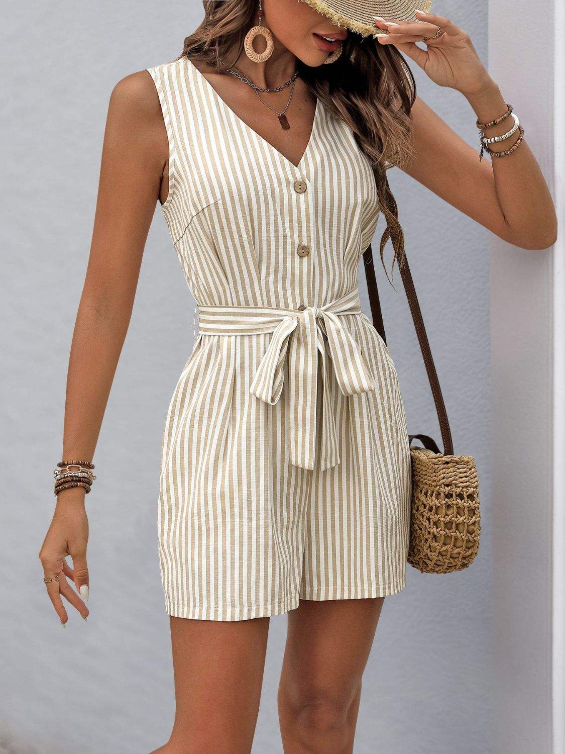 Perfee Striped V-Neck Tie Waist Romper - Trendsi - Flyclothing LLC