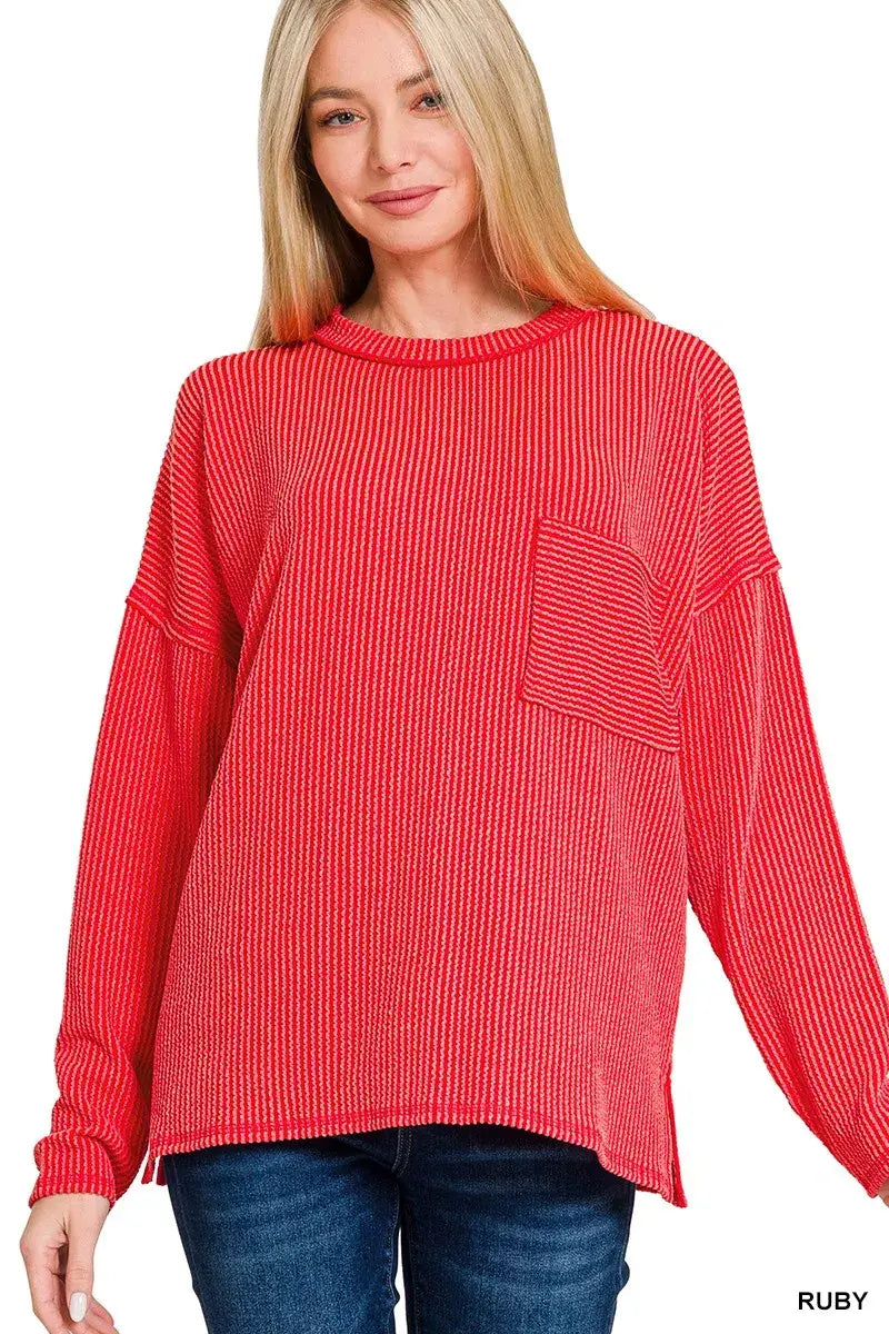 Zenana Long Sleeve Drop Shoulder Rib Top - Trendsi - Flyclothing LLC
