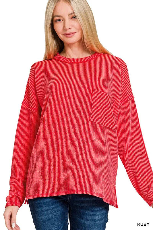 Zenana Long Sleeve Drop Shoulder Rib Top - Trendsi - Flyclothing LLC