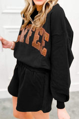 COFFEE Sequin Round Neck Long Sleeve Top and Shorts Set - Trendsi - Flyclothing LLC