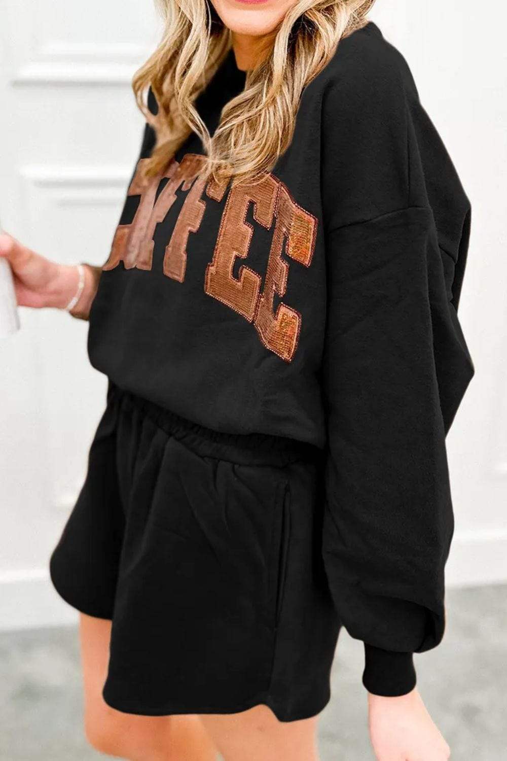 COFFEE Sequin Round Neck Long Sleeve Top and Shorts Set - Trendsi - Flyclothing LLC
