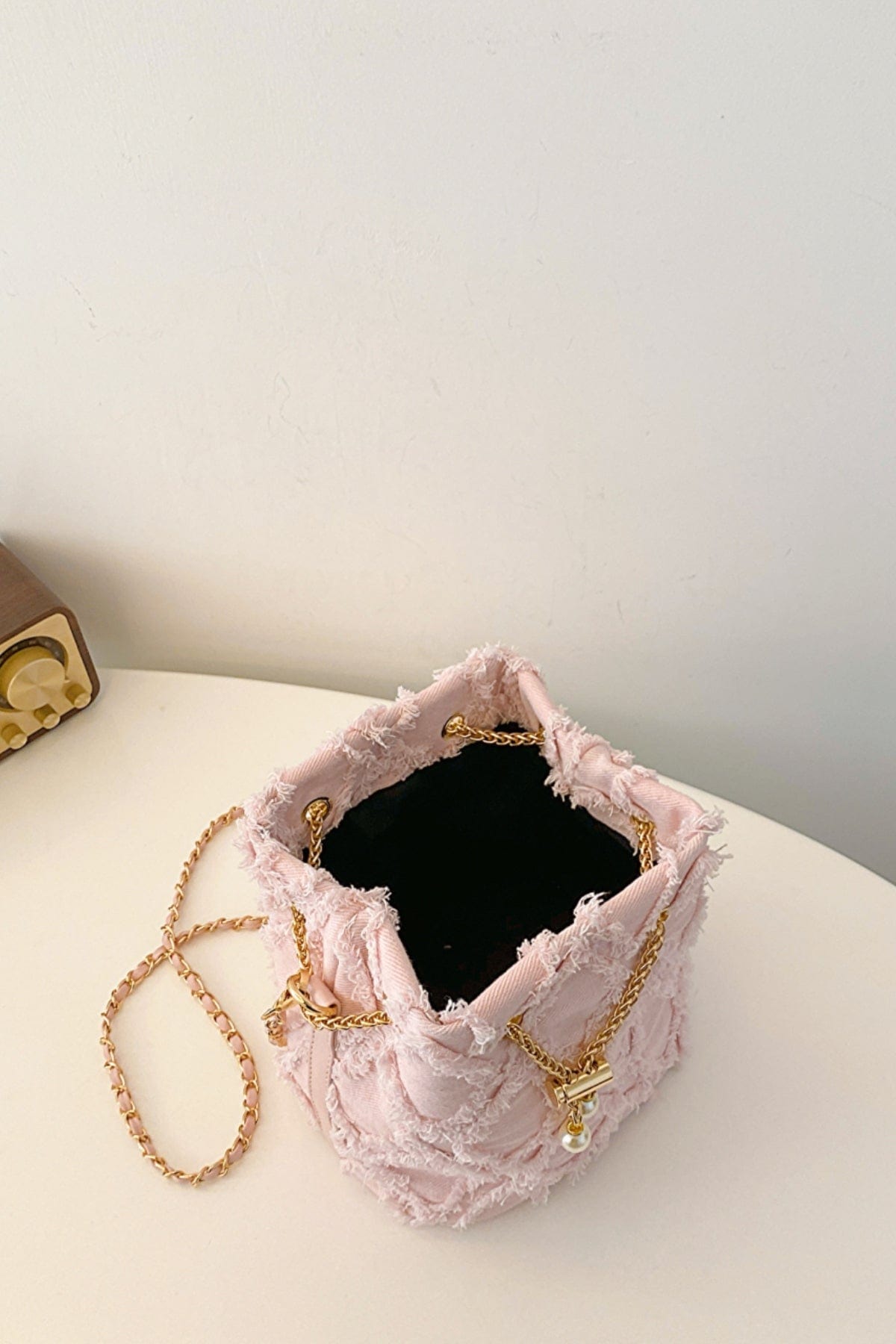 Chain Drawstring Raw Edge Denim Bucket Bag - Trendsi