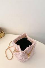 Chain Drawstring Raw Edge Denim Bucket Bag - Trendsi