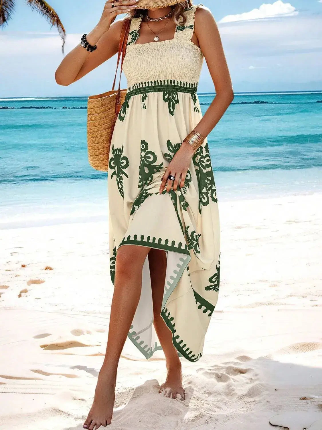 Smocked Printed Wide Strap Maxi Dress - Trendsi - Flyclothing LLC