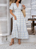 Devine Smocked Printed V-Neck Short Sleeve Maxi Dress - Trendsi