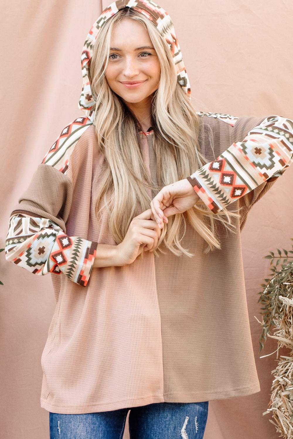 And The Why Printed Color Block Hooded Waffle Top - Trendsi - Flyclothing LLC