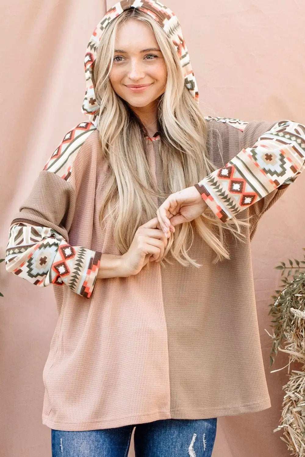 And The Why Printed Color Block Hooded Waffle Top - Trendsi - Flyclothing LLC