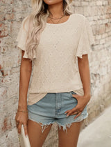 Eyelet Round Neck Flutter Sleeve Top - Trendsi - Flyclothing LLC