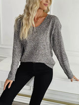 Casual V-Neck Drop Shoulder Sweater - Trendsi - Flyclothing LLC