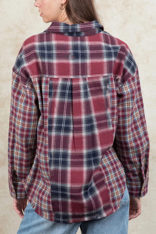 Plaid Collared Neck Button Up Long Sleeve Shirt - Trendsi