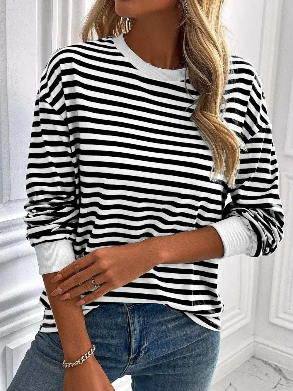 Ivy Lane Striped Round Neck Long Sleeve Sweatshirt - Trendsi - Flyclothing LLC