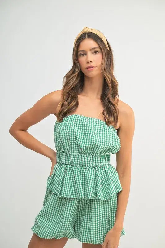 MABLE Gingham Tube Top and Shorts Set - Trendsi - Flyclothing LLC