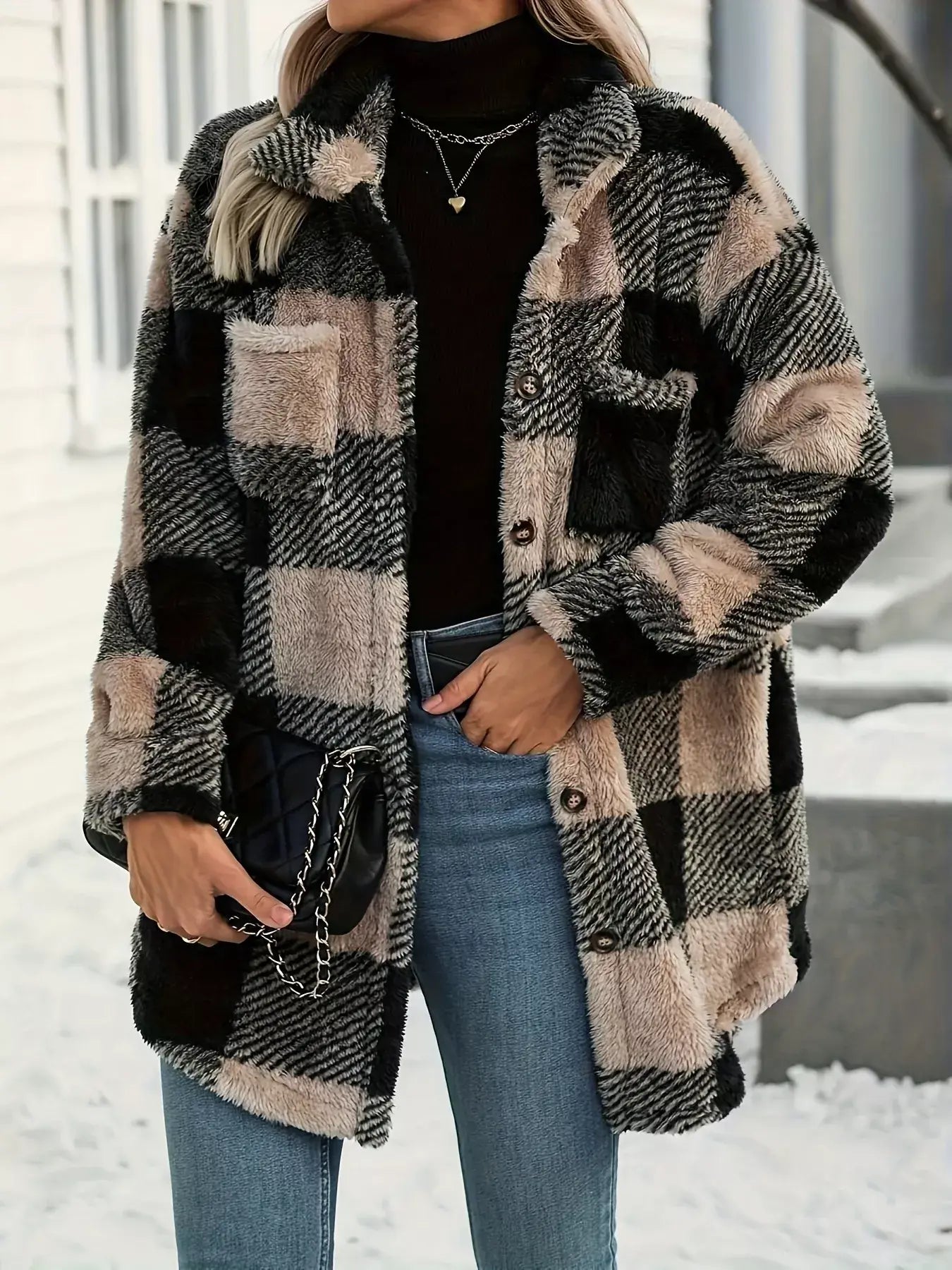 Plaid Fleece Button-Down Outerwear - Trendsi - Flyclothing LLC