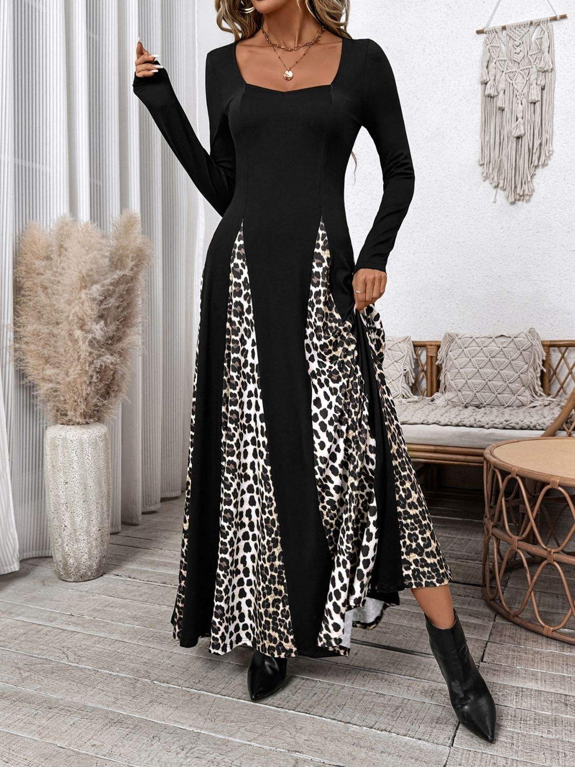 Perfee Leopard Square Neck Long Sleeve Maxi Dress - Trendsi - Flyclothing LLC