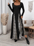 Perfee Leopard Square Neck Long Sleeve Maxi Dress - Trendsi