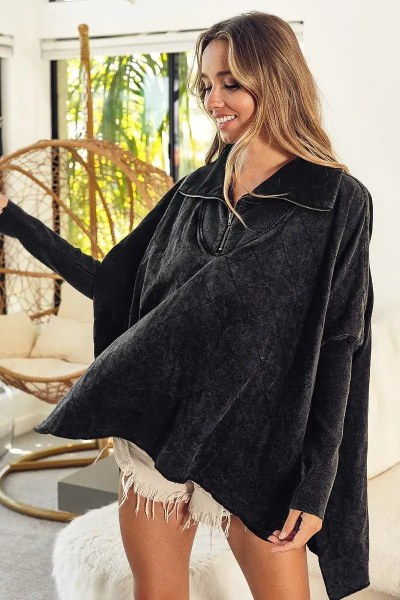 BiBi Vintage Washed Quilted Half Zip Top - Trendsi - Flyclothing LLC