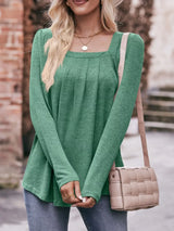 Pleated Square Neck Long Sleeve T-Shirt - Trendsi - Flyclothing LLC