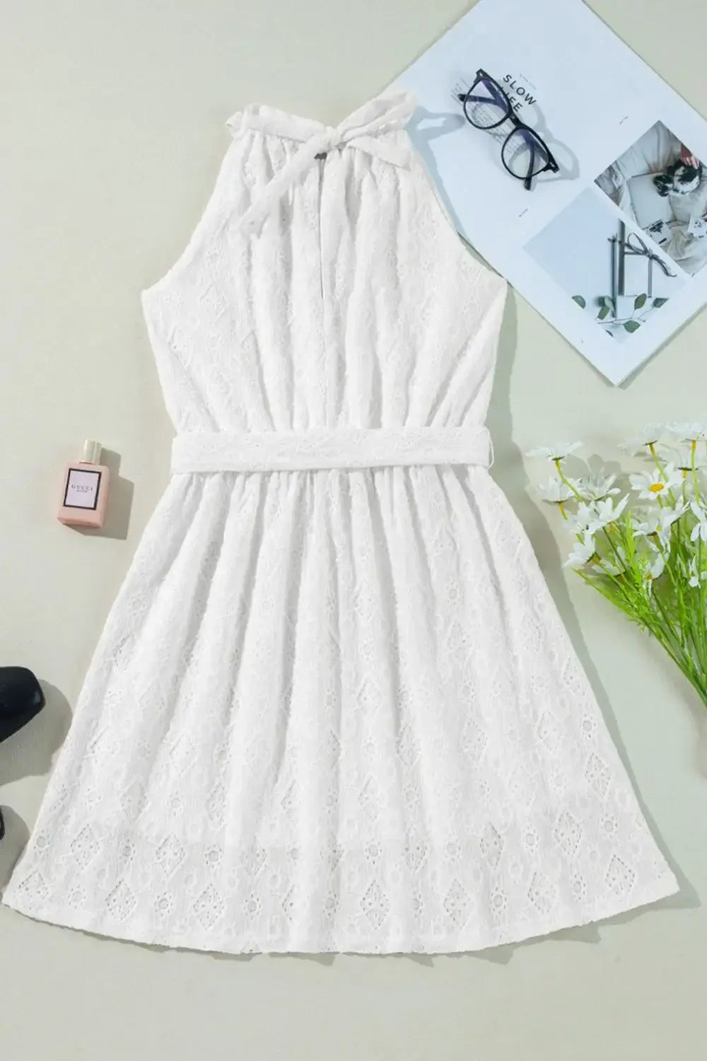 Lace Sleeveless Tied Waist Mini Dress - Trendsi - Flyclothing LLC
