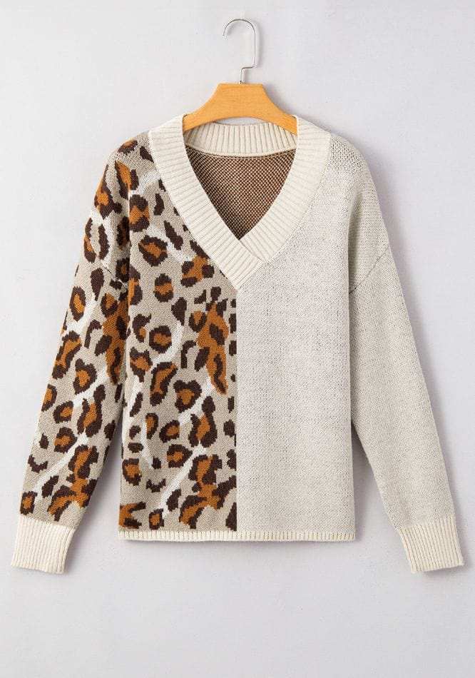 Leopard V Neck Drop Shoulder Sweater - Trendsi - Flyclothing LLC