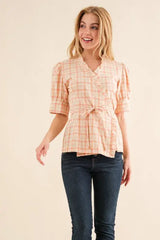 And The Why Plaid Patterned and Ruffled Wrap Blouse Top - Trendsi - Flyclothing LLC