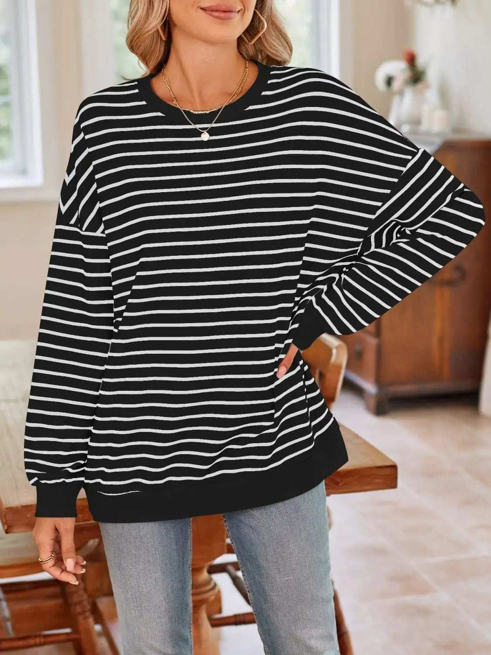 Striped Round Neck Long Sleeve Sweatshirt - Trendsi - Flyclothing LLC