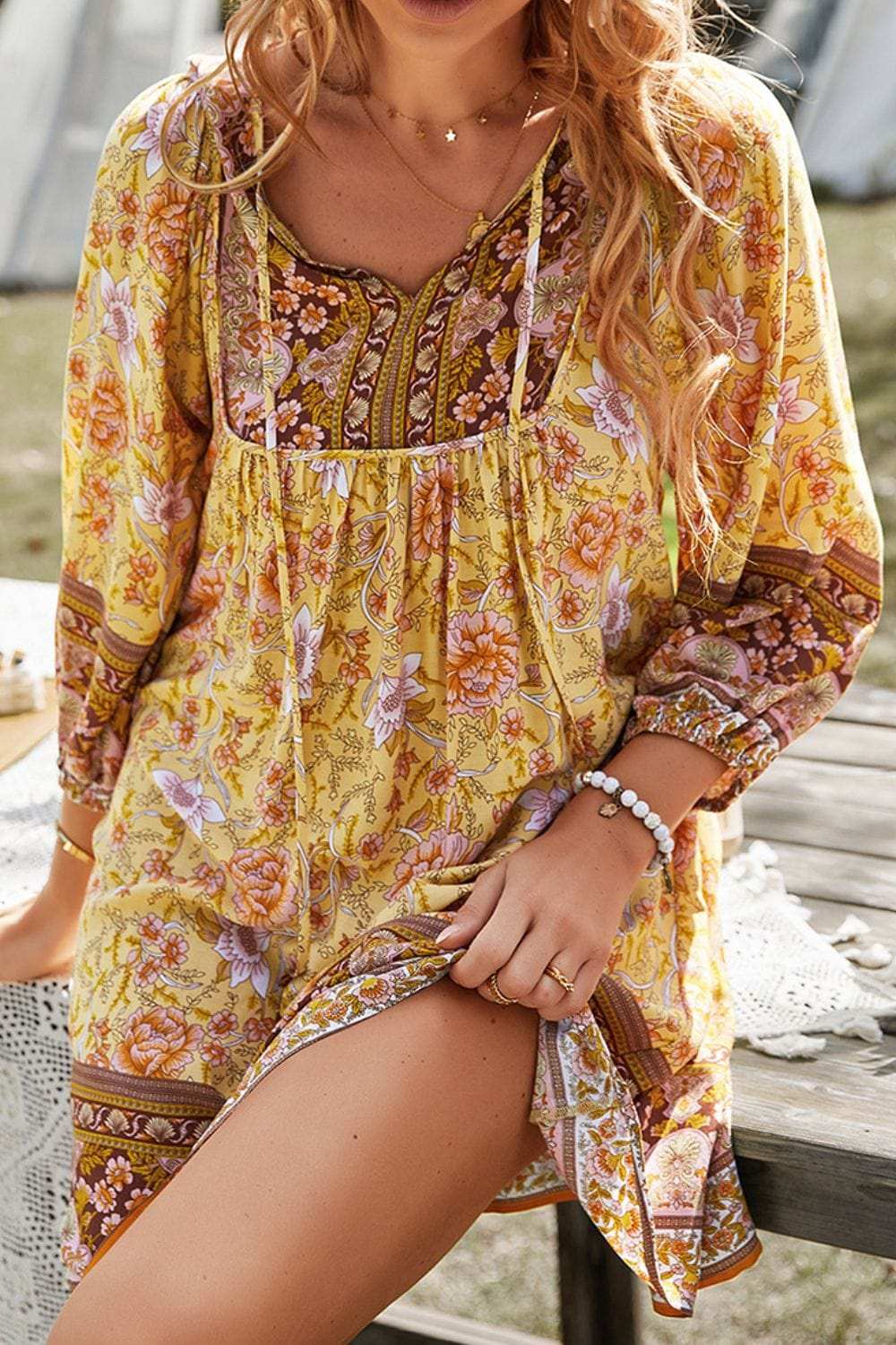 Devine Printed Tie Neck Mini Dress - Trendsi - Flyclothing LLC