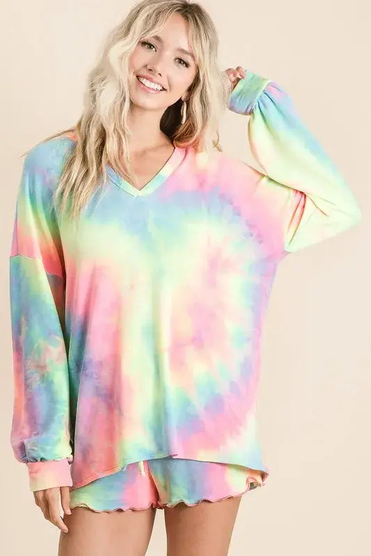 BiBi Tie Dye French Terry Top With Balloon Sleeves - Trendsi - Flyclothing LLC