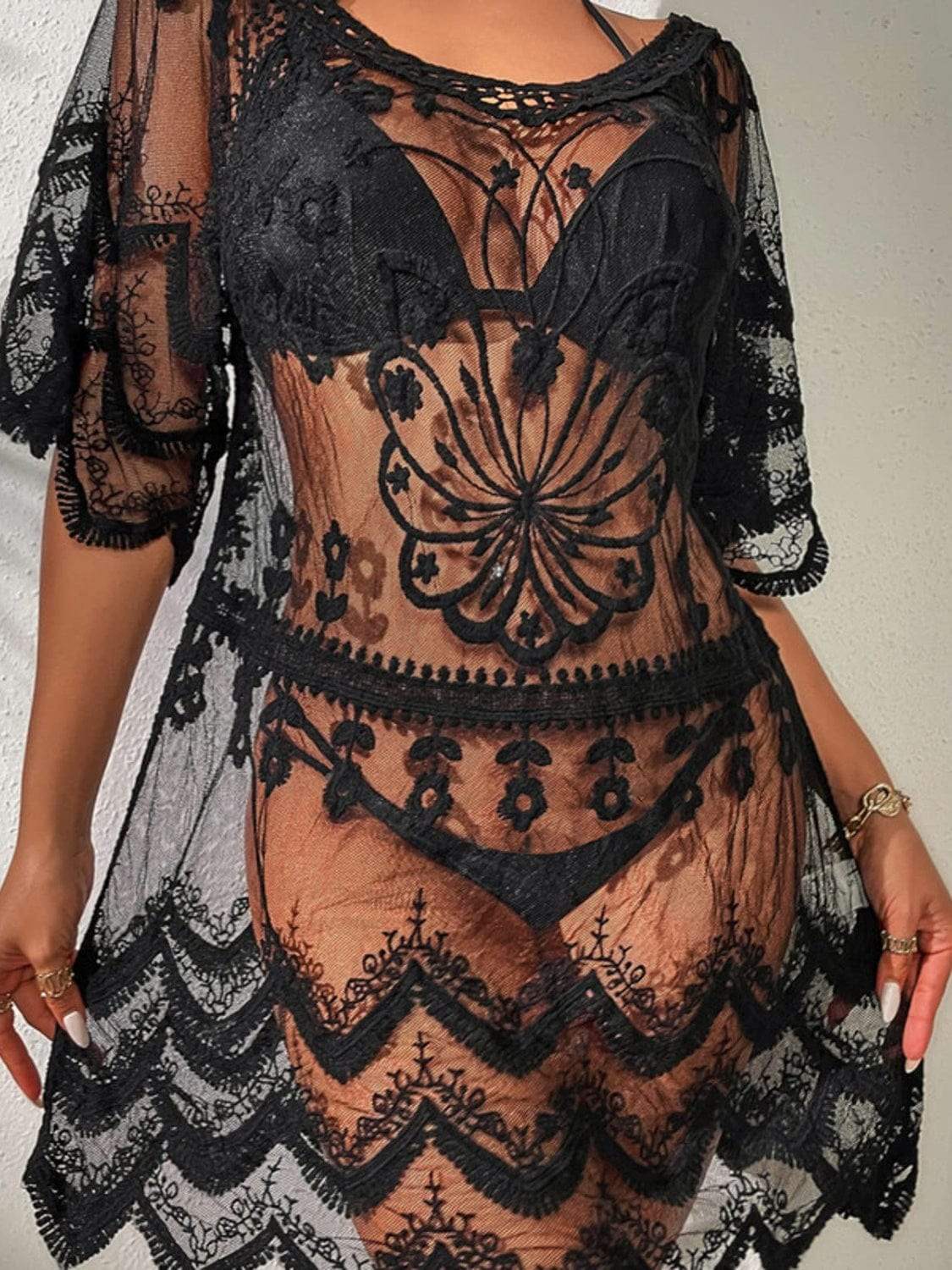 Lace Round Neck Half Sleeve Cover-Up - Trendsi - Flyclothing LLC