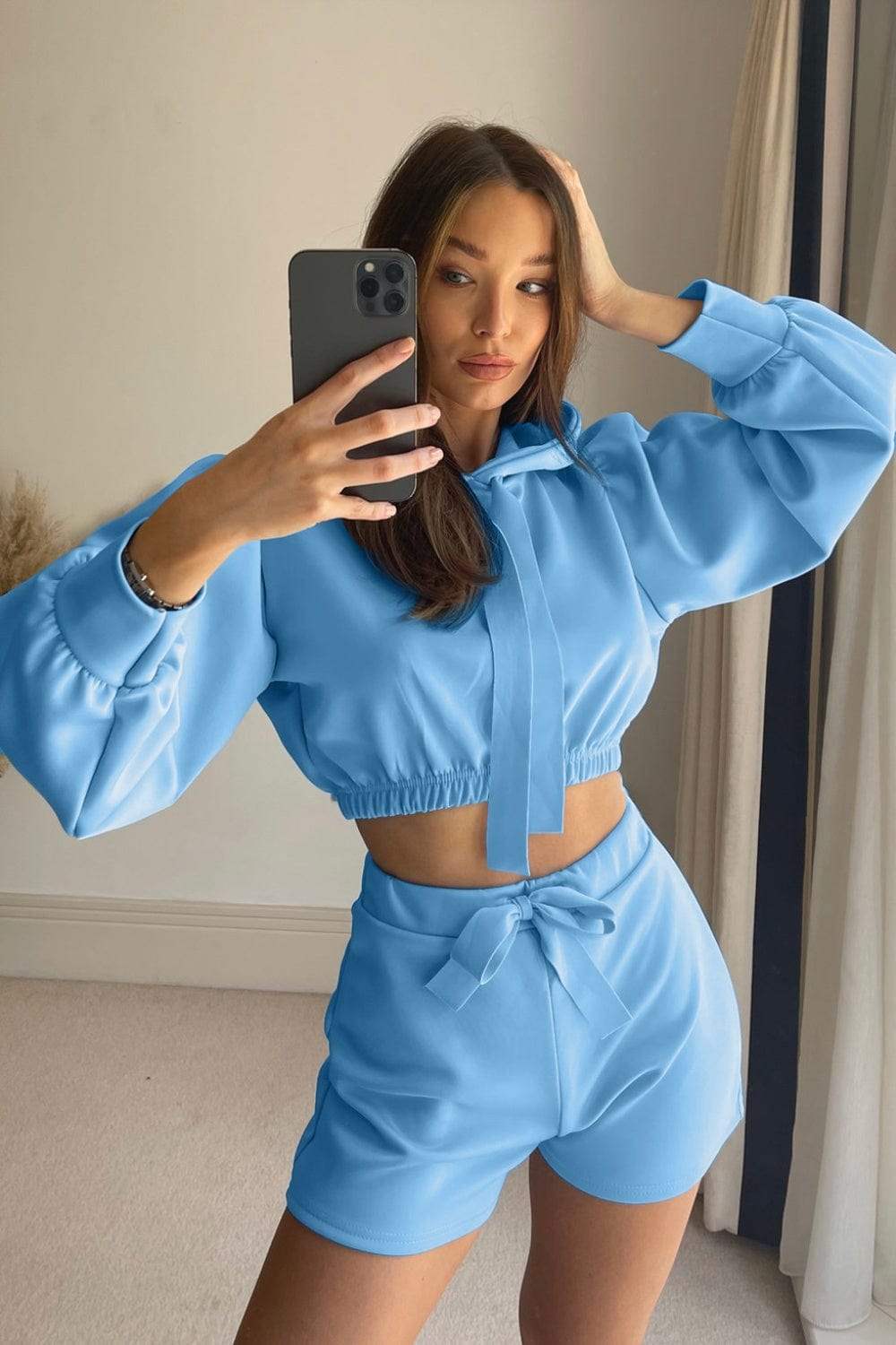 Drawstring Long Sleeve Hooded Top and Shorts Set - Trendsi - Flyclothing LLC