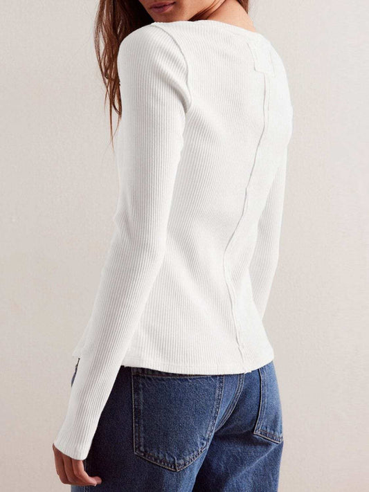 Ribbed Round Neck Long Sleeve Top - Trendsi - Flyclothing LLC