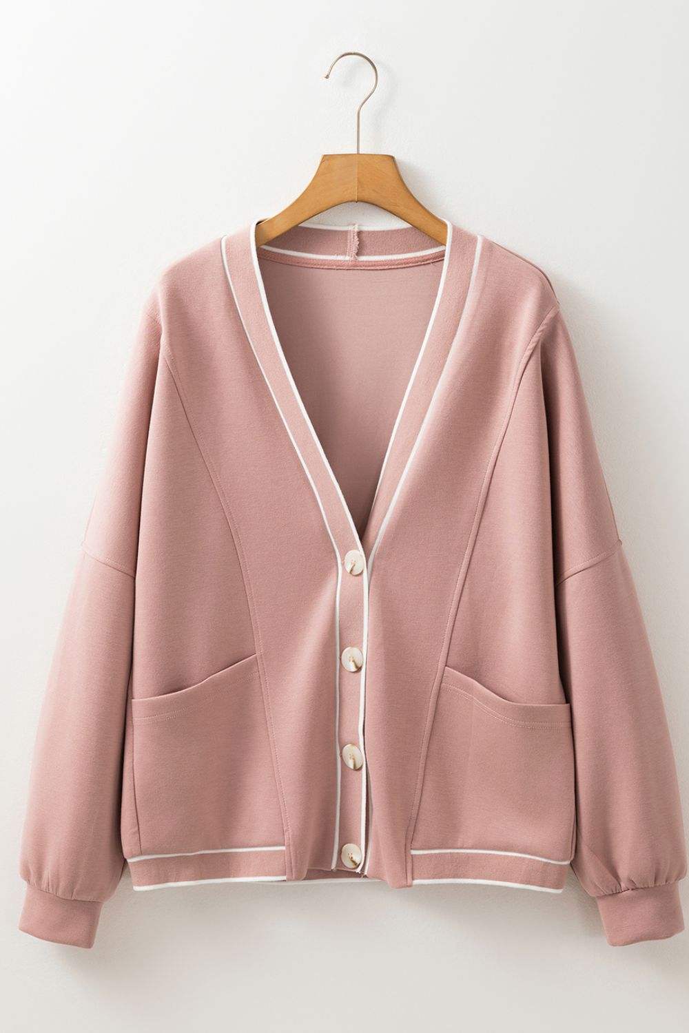Contrast Trim V Neck Button Up Cardigan - Trendsi - Flyclothing LLC