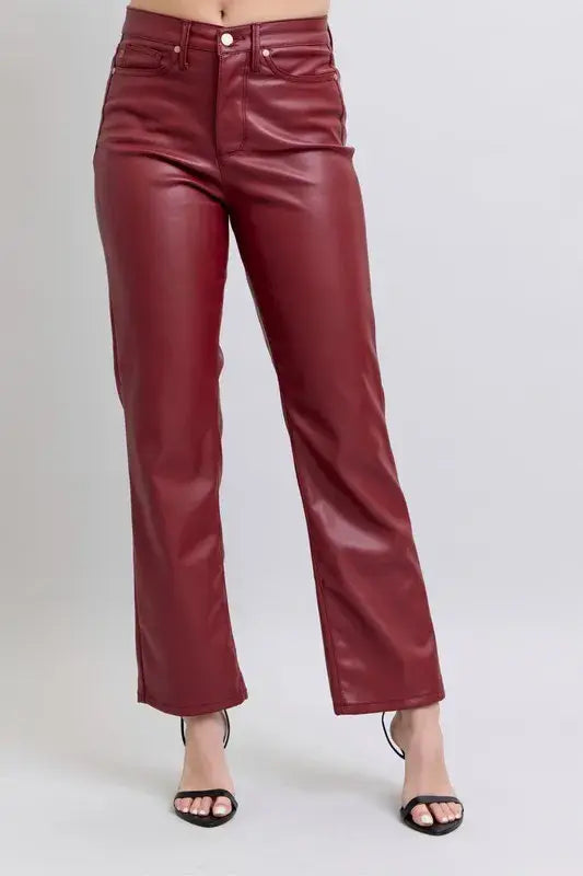 Judy Blue Full Size High Waist Tummy Control Faux Leather Straight Pants Plus Size - Trendsi - Flyclothing LLC