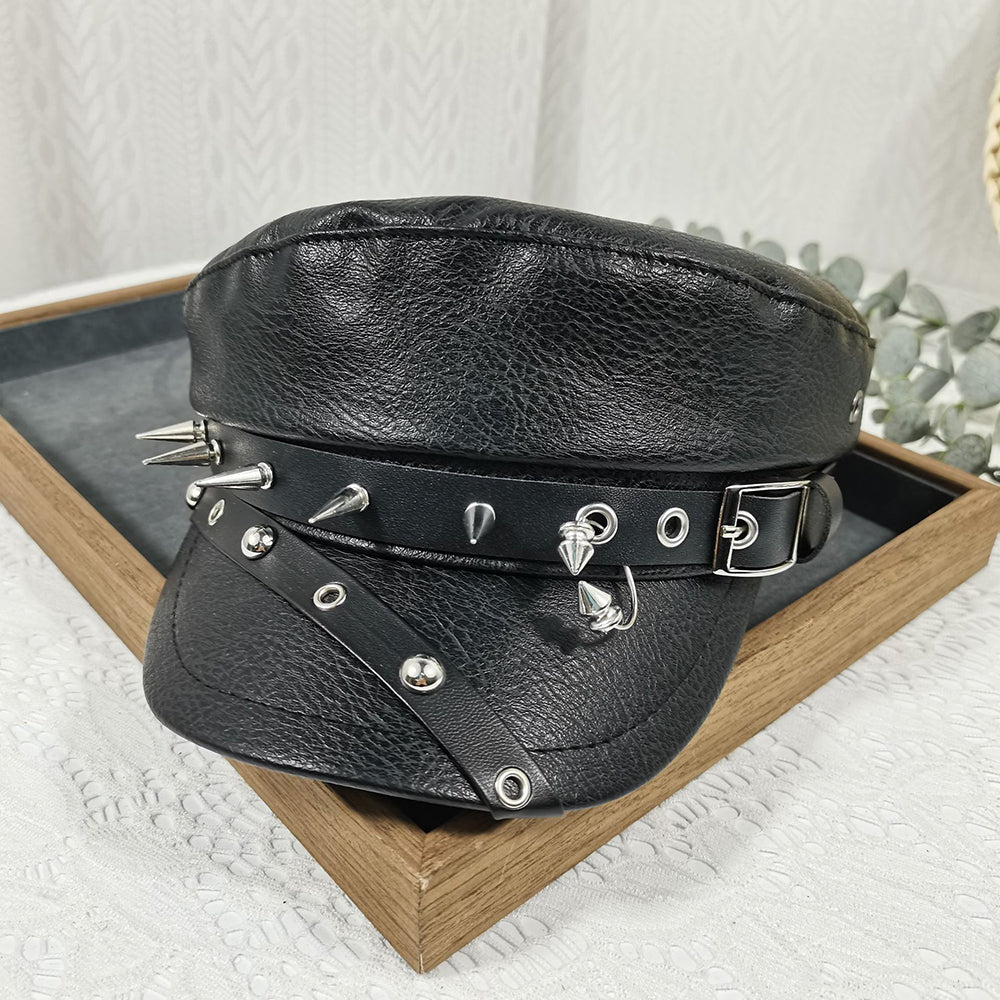 Punk Chain Rivet PU Newsboy Hat, Cool And Bold Girl Style Navy Hat, Halloween Dark-themed Outfit Hat