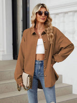 Collared Neck Long Sleeve Dropped Shoulder Shirt - Trendsi - Flyclothing LLC