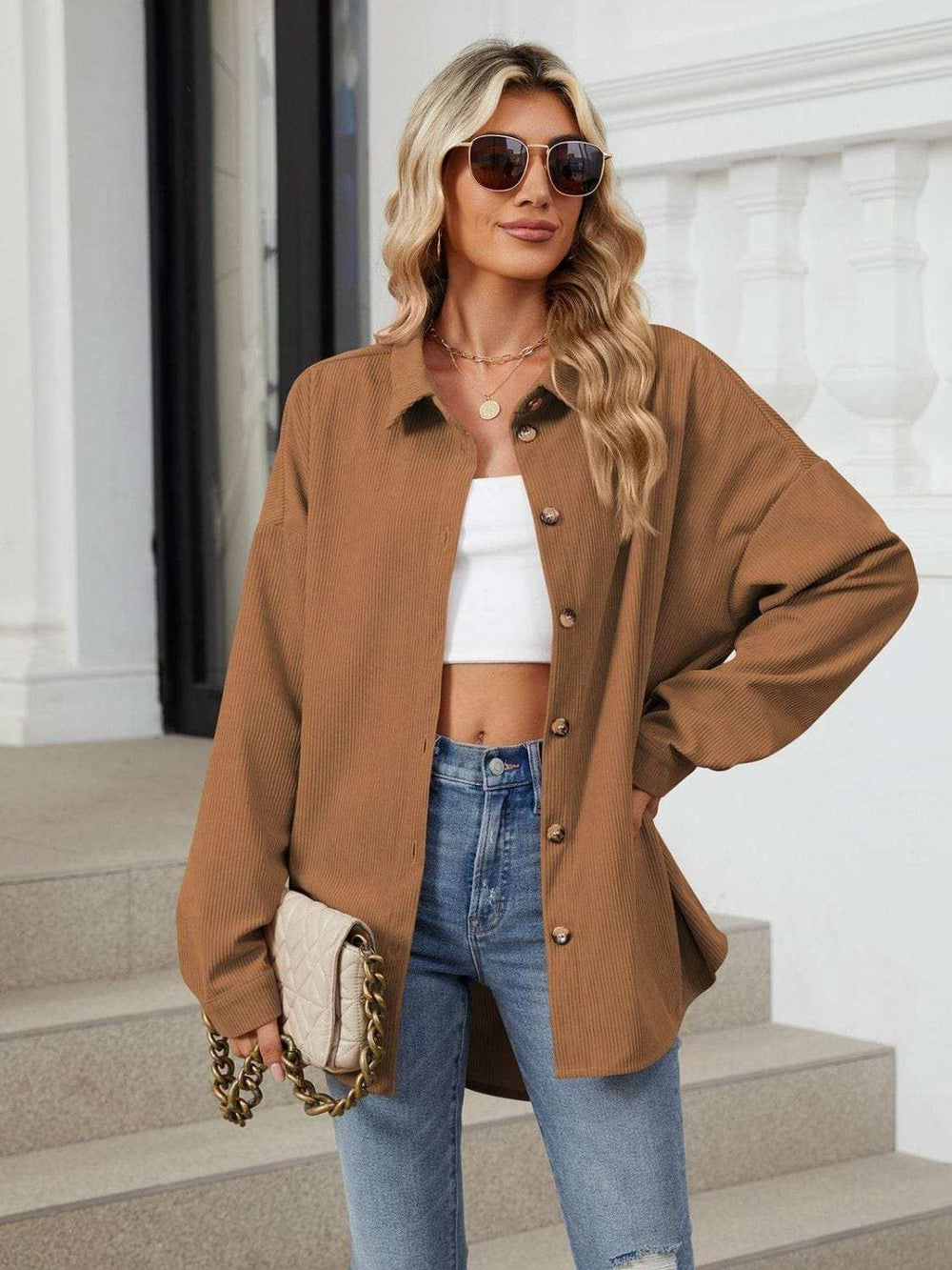 Collared Neck Long Sleeve Dropped Shoulder Shirt - Trendsi - Flyclothing LLC