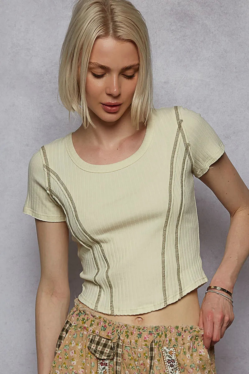 POL Contrast Stitching Round Neck Crop T-Shirt - Trendsi