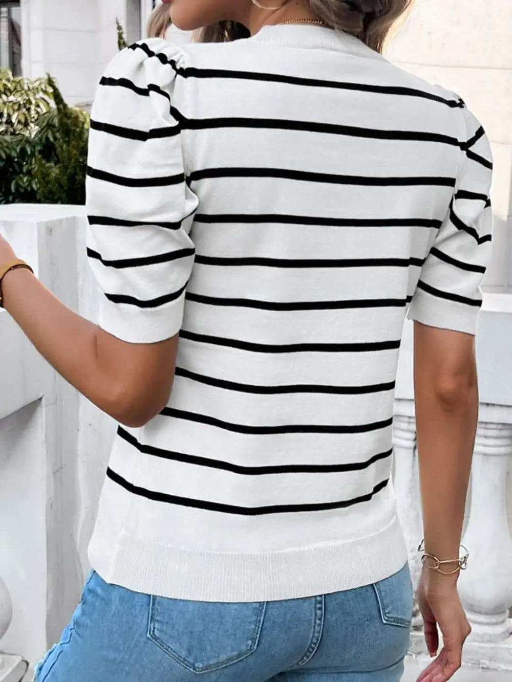 Striped Round Neck Puff Sleeve Knit Top - Trendsi - Flyclothing LLC
