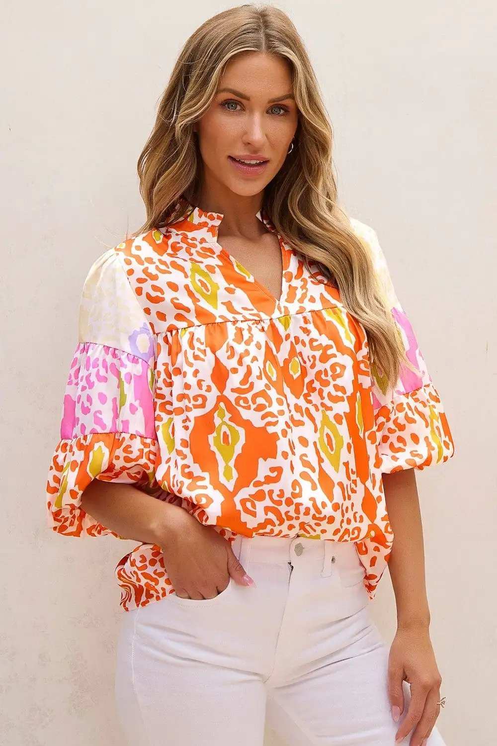 Printed Notched Half Sleeve Blouse - Trendsi - Flyclothing LLC