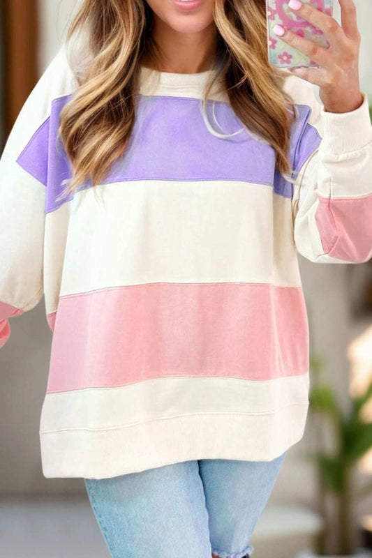 Color Block Round Neck Long Sleeve Sweatshirt - Trendsi - Flyclothing LLC