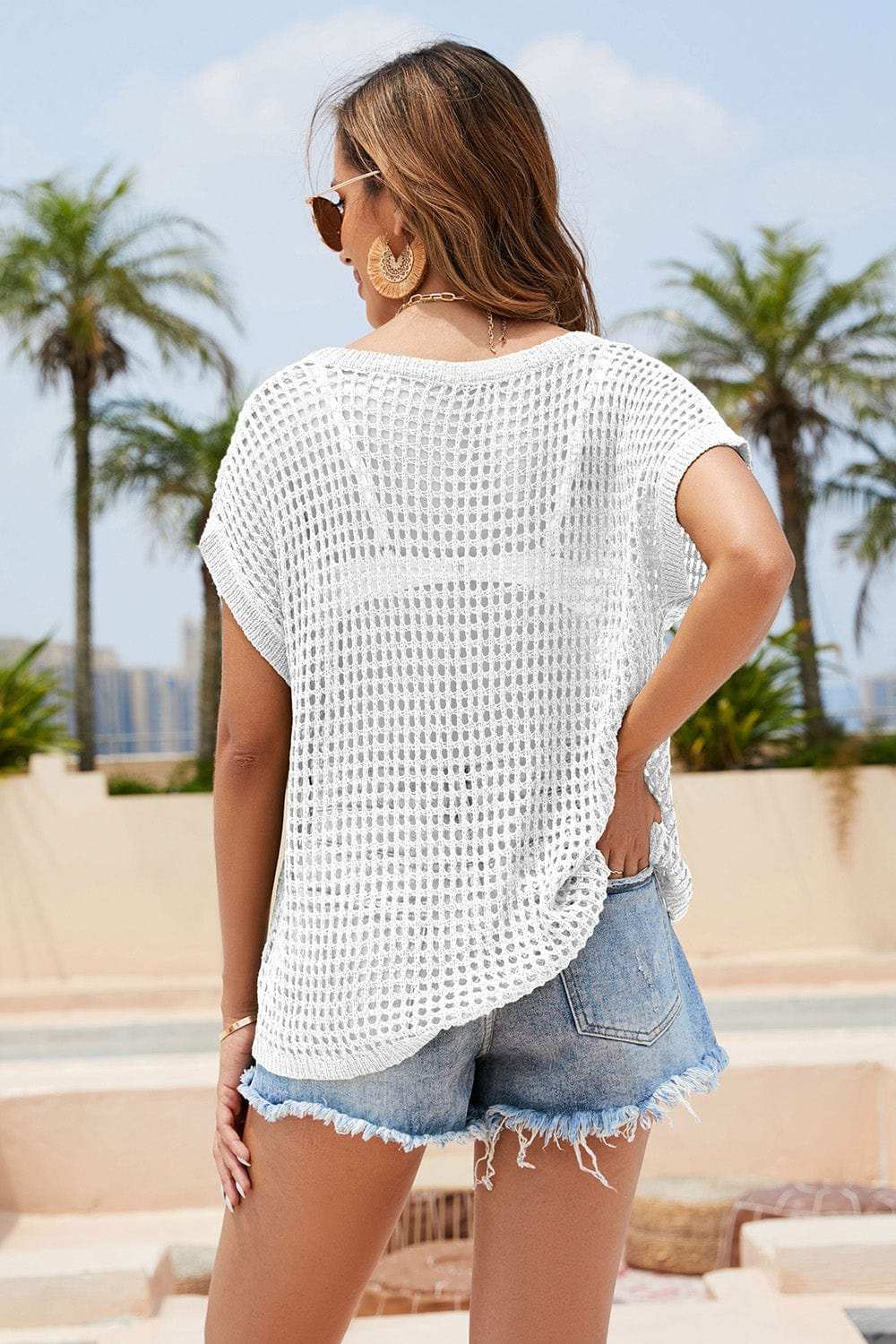 Double Take Openwork Round Neck Short Sleeve Knit Cover Up - Trendsi - Flyclothing LLC
